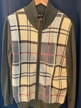 Barbour Men's Cotton Gray Tartan Front Zip Sweater Size Small